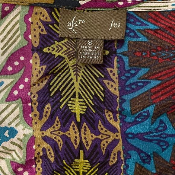 Fei by Anthropologie Silk Blouse Dress | Rare Print Smocked Waist Boho Tribal, S - Picture 3 of 5